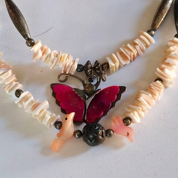 VTG Sterling Silver Double Strand MOP Fetish Bird Butterfly Pendant Necklace 16" - Picture 3 of 11